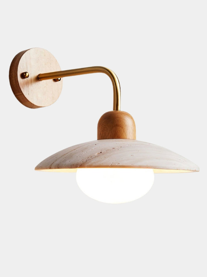 Modern travertine wall light – disc shape with wood and metal elements
