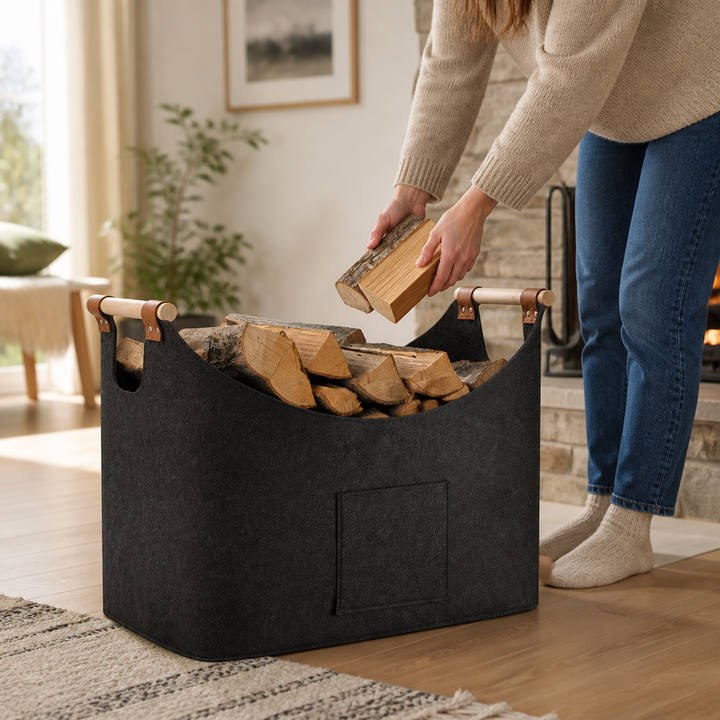 Brennholzkorb mit stabilen Holzgriffen im Wohnbereich