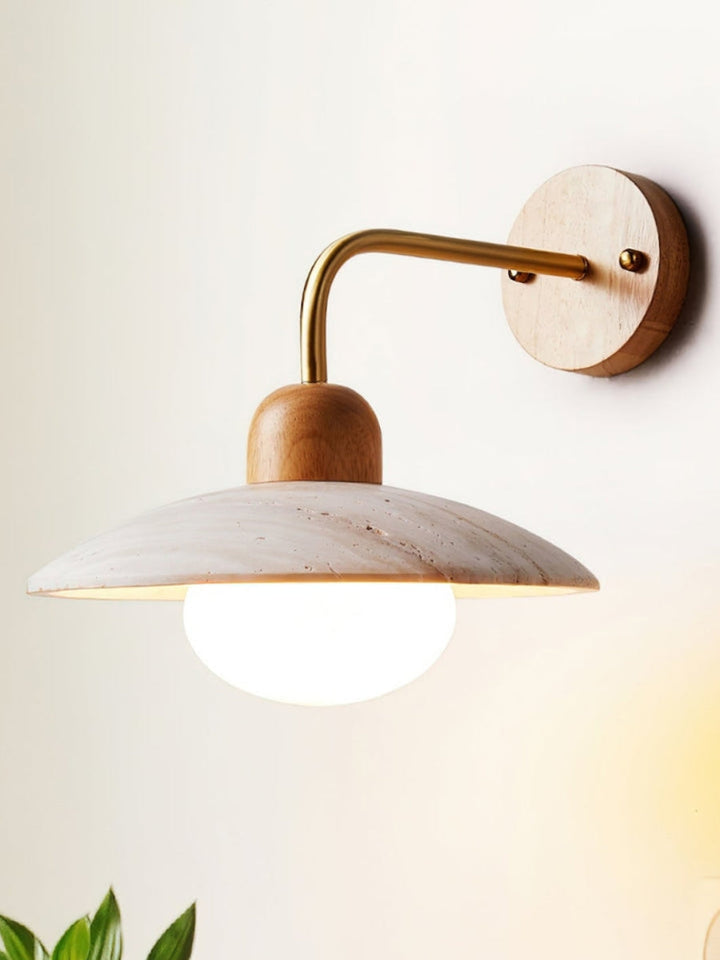 Modern travertine wall light – disc shape with wood and metal elements
