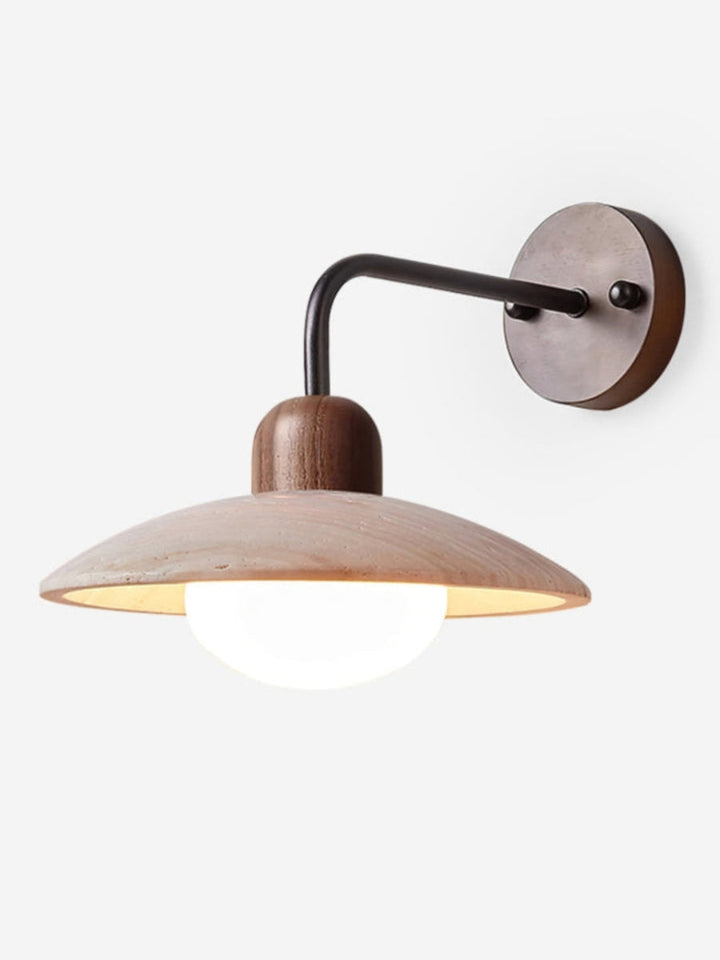 Modern travertine wall light – disc shape with wood and metal elements