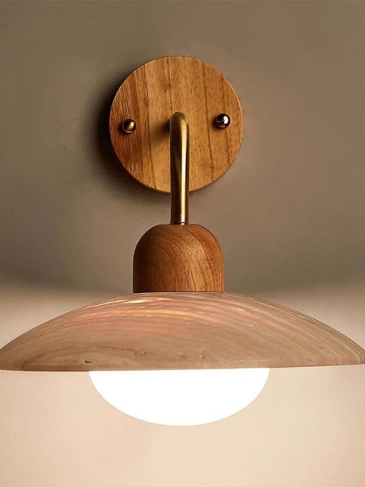 Modern travertine wall light – disc shape with wood and metal elements