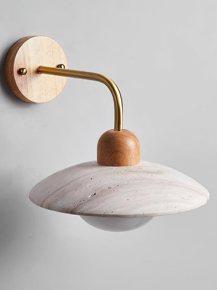 Modern travertine wall light – disc shape with wood and metal elements