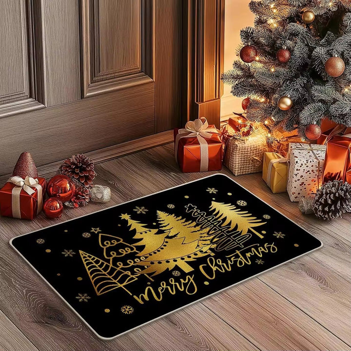 Weihnachtsmotiv auf einer festlichen Fußmatte an der Haustür
