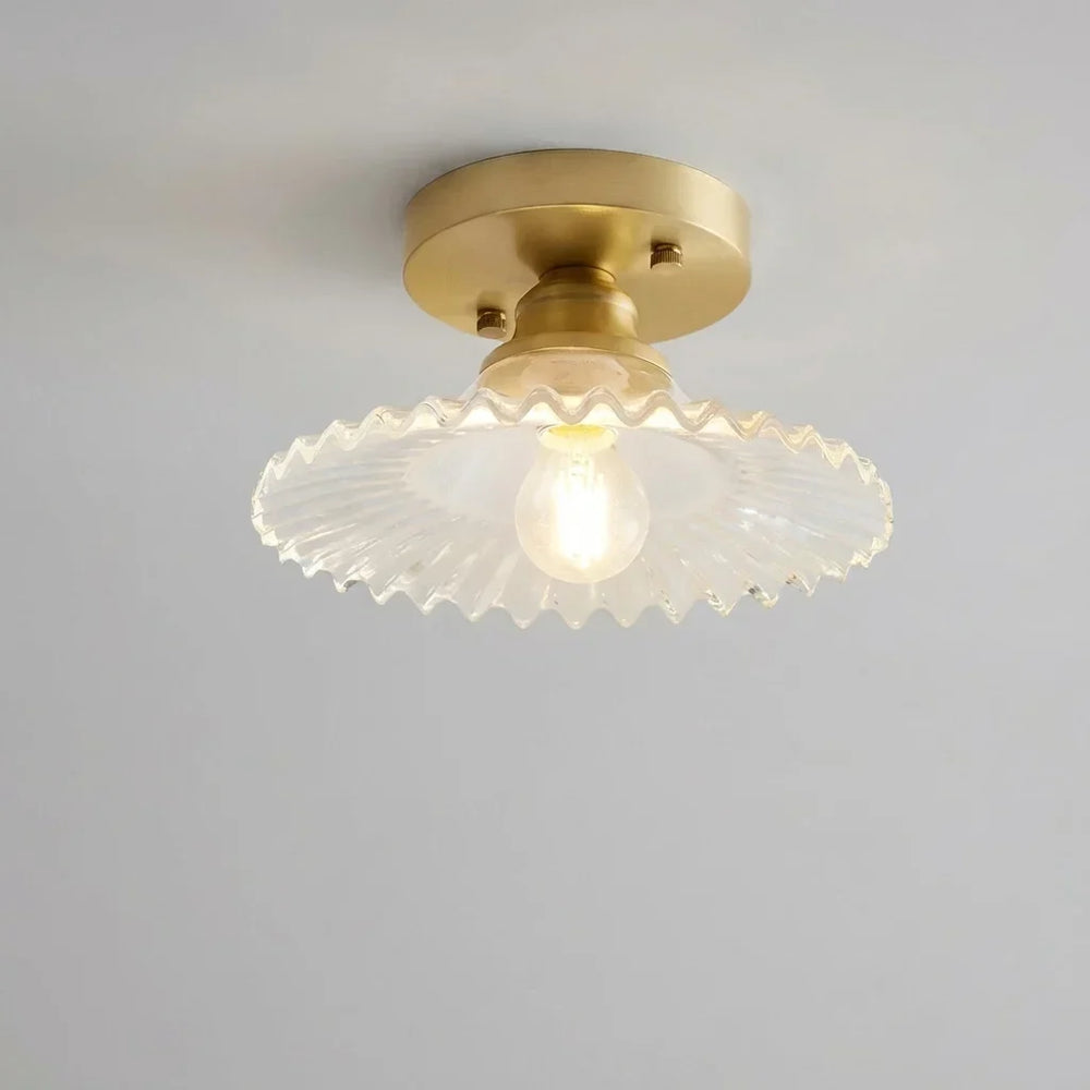 Nahaufnahme des gerippten Glasschirms der Deckenleuchte