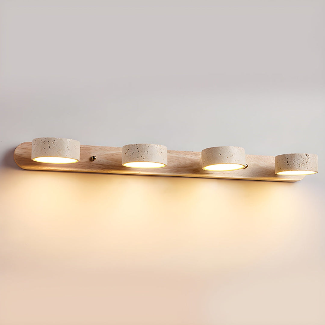 Modern wall lamp with travertine and wood in a minimalist duo design