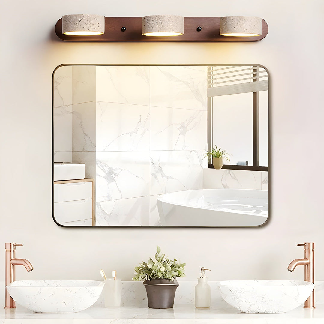 Modern wall lamp with travertine and wood in a minimalist duo design