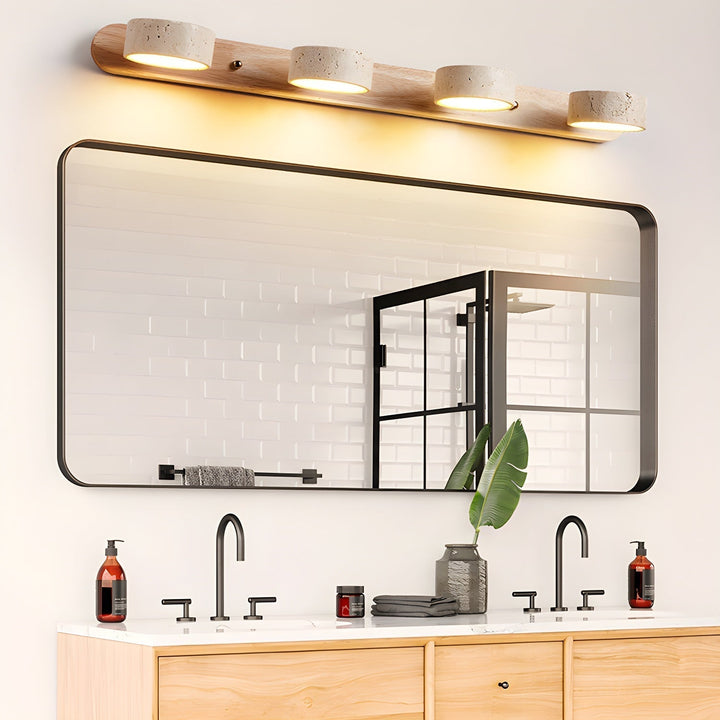 Modern wall lamp with travertine and wood in a minimalist duo design