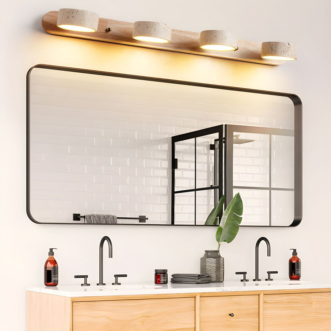 Modern wall lamp with travertine and wood in a minimalist duo design