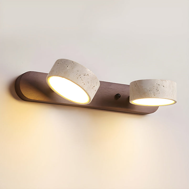 Modern wall lamp with travertine and wood in a minimalist duo design
