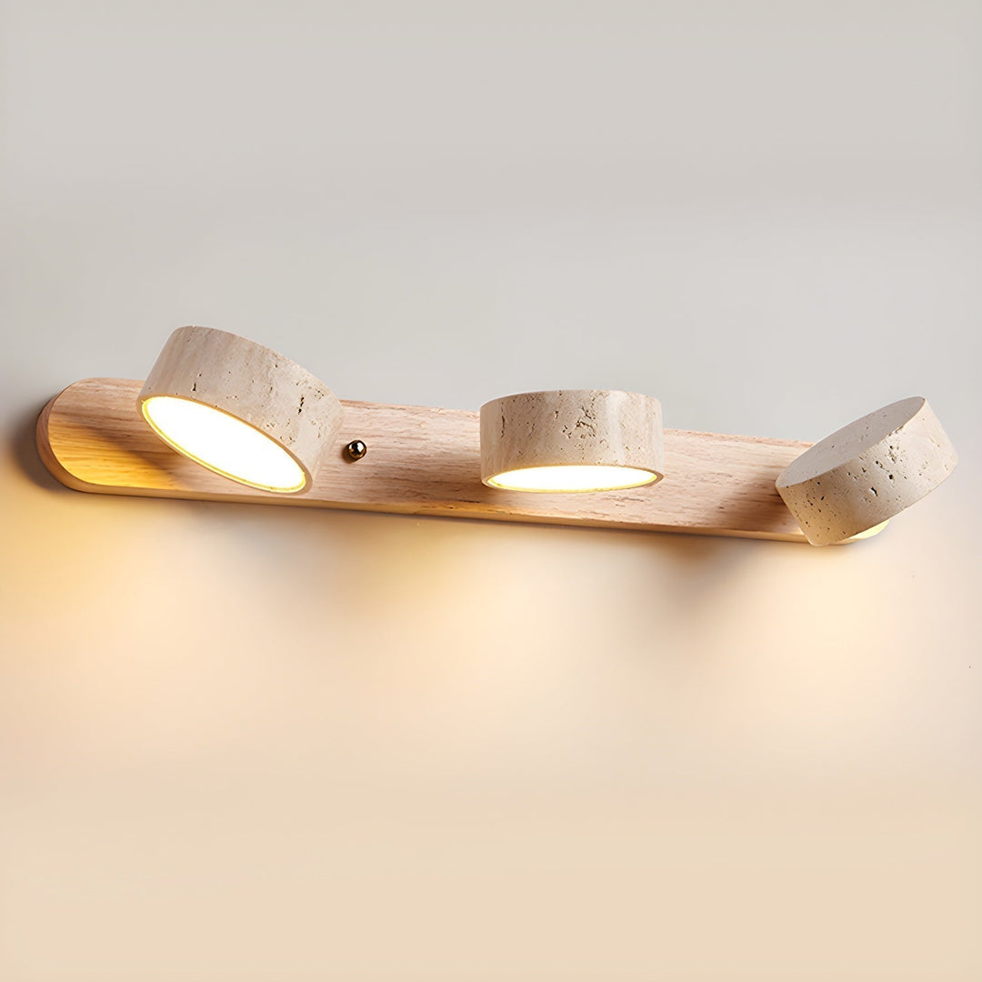 Modern wall lamp with travertine and wood in a minimalist duo design