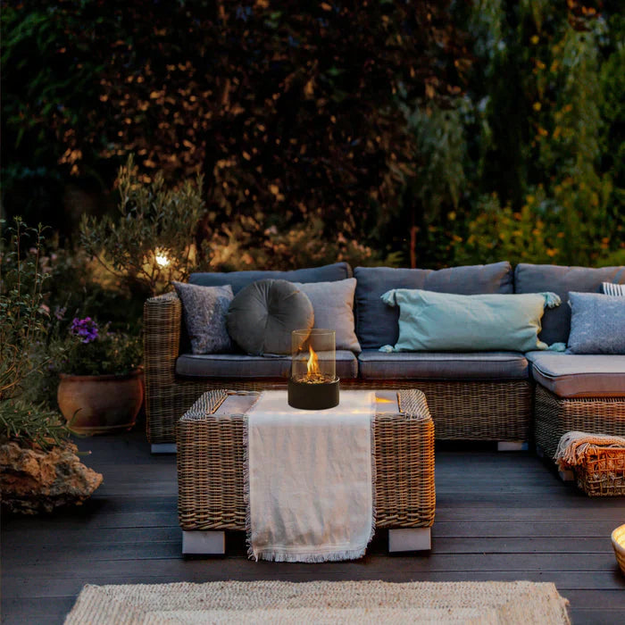Stylish tabletop fire pit with flame effect – weatherproof and versatile for garden and balcony