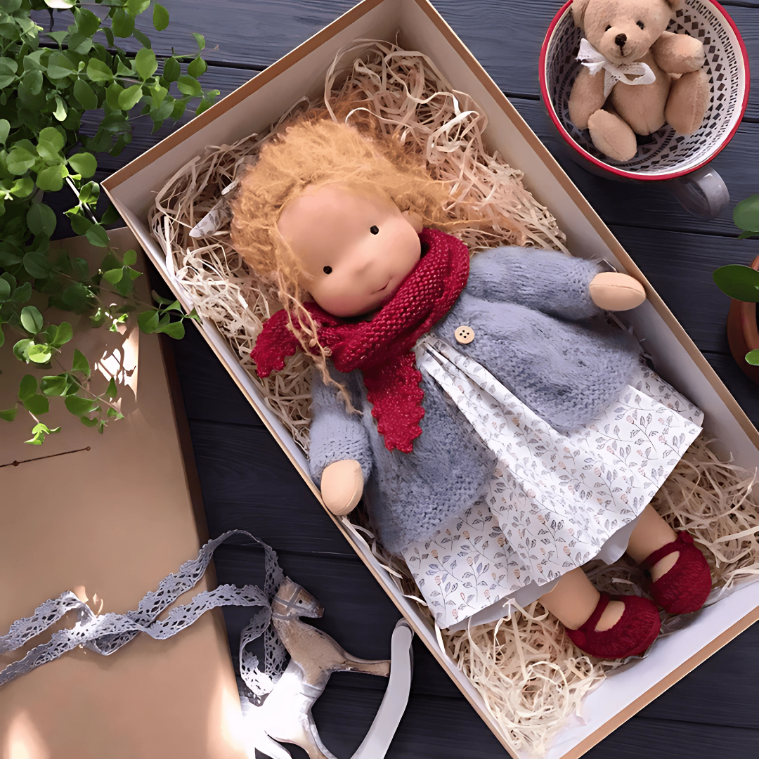 Handgefertigte Waldorf Stoffpuppe aus weichem Plüsch