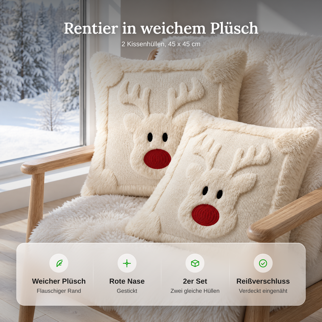 Cremefarbene Kissenhülle aus Plüsch mit festlichem Rentiermotiv