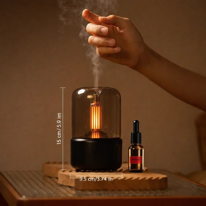 Ultraschall-Aromadiffusor mit Flammenlicht in einer gemütlichen Raumumgebung