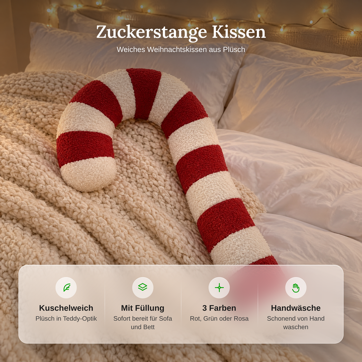 Rosa Weihnachtskissen in Zuckerstangenform aus weichem Plüsch